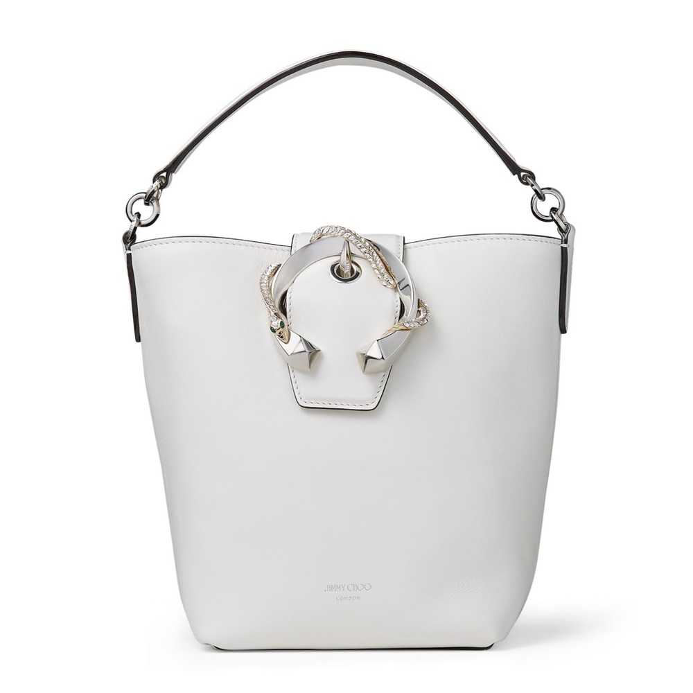 JIMMY CHOO leather snake Madeline bucket bag in white